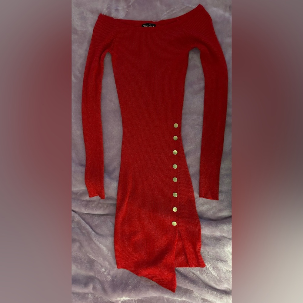 Off the shoulder red sweater dress.